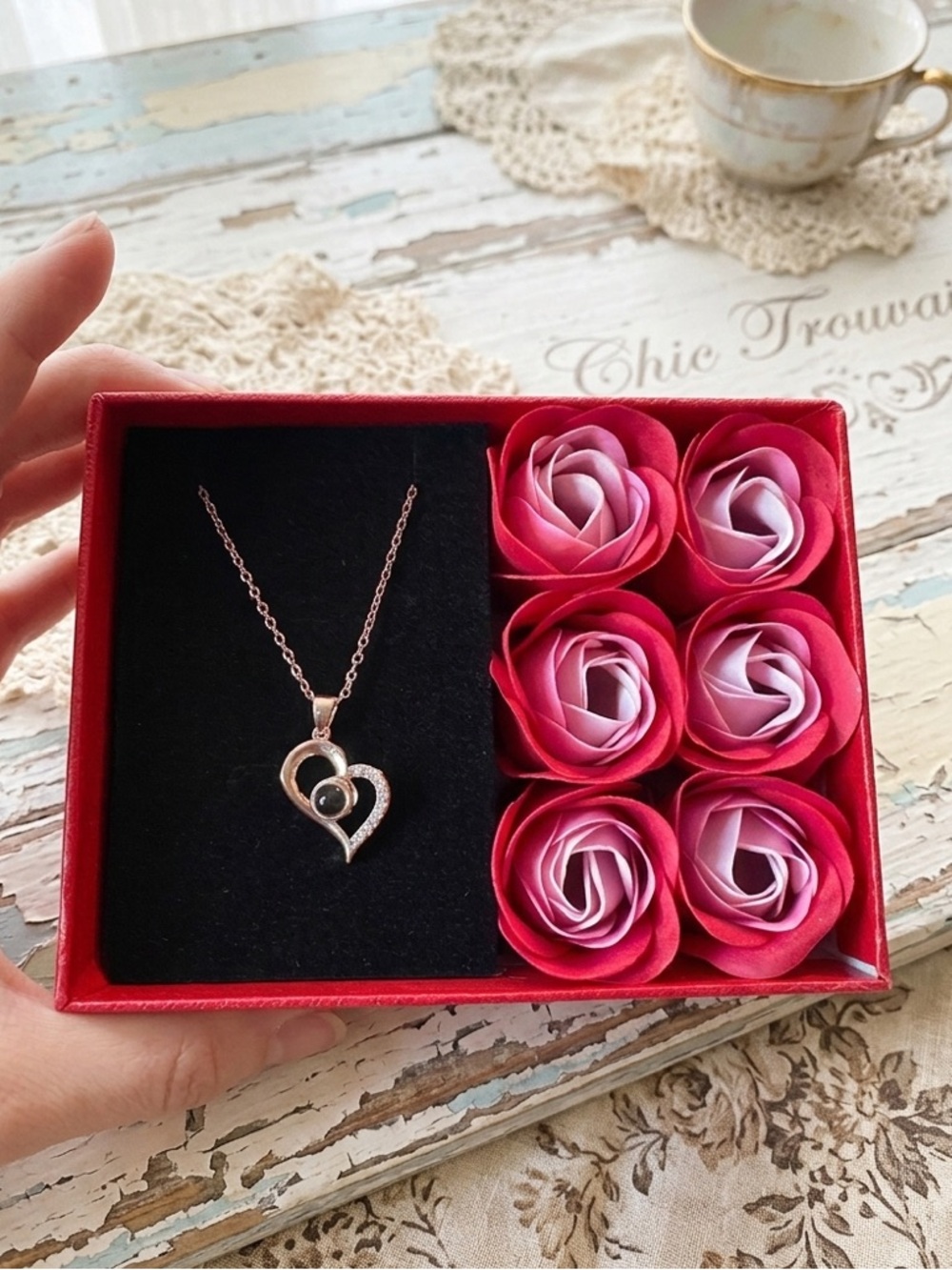 Silver Tone Heart Pendant Necklace Gift Box with Rose Flowers